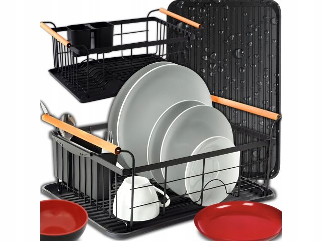 Levně Stylová kovová odkapávač na nádobí s podnosem – velká, černá, odolná vůči korozi