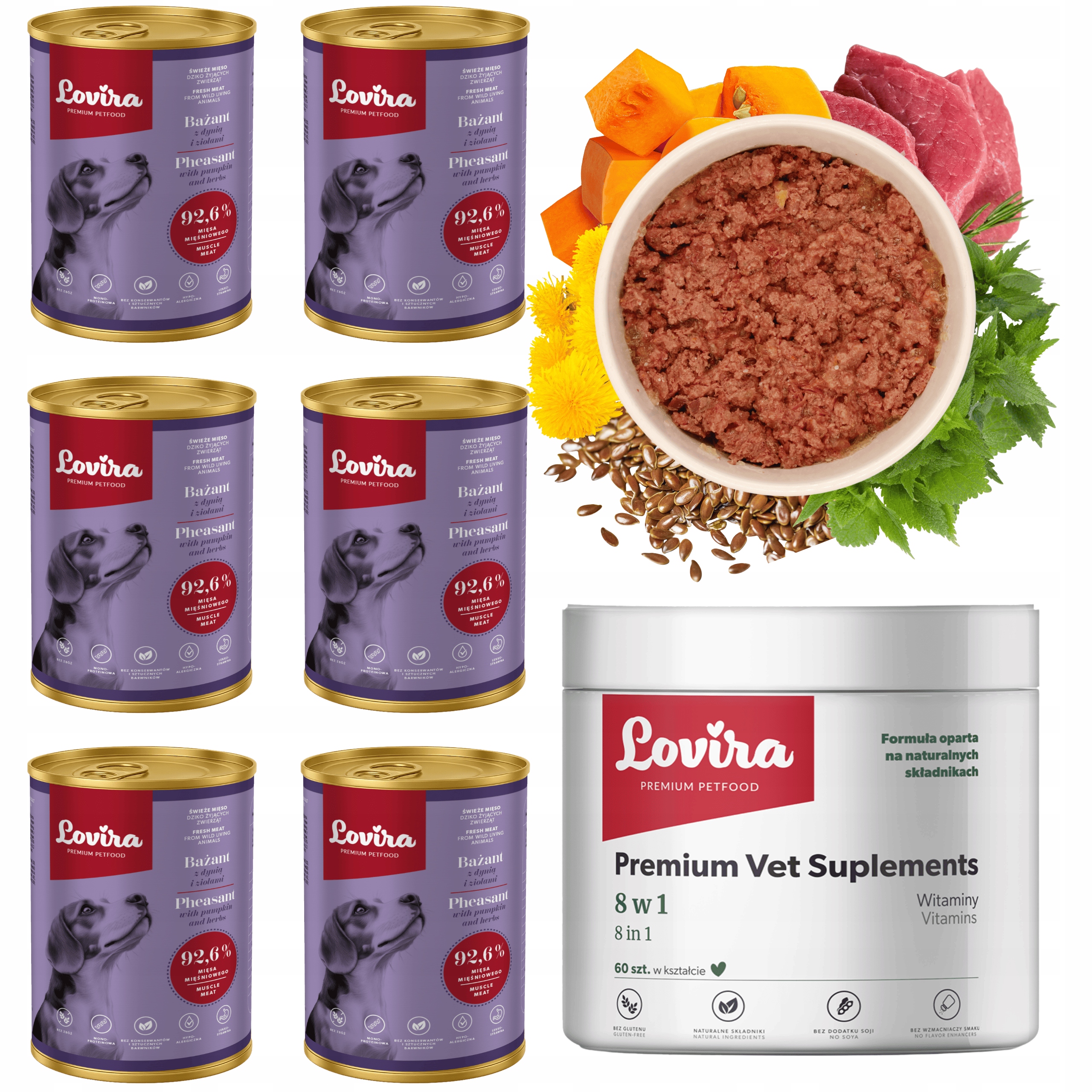 6 x Krmivo Bažant 92,6+DÁREK Doplňky Pro Psa 8v1 komplex Vitamínů