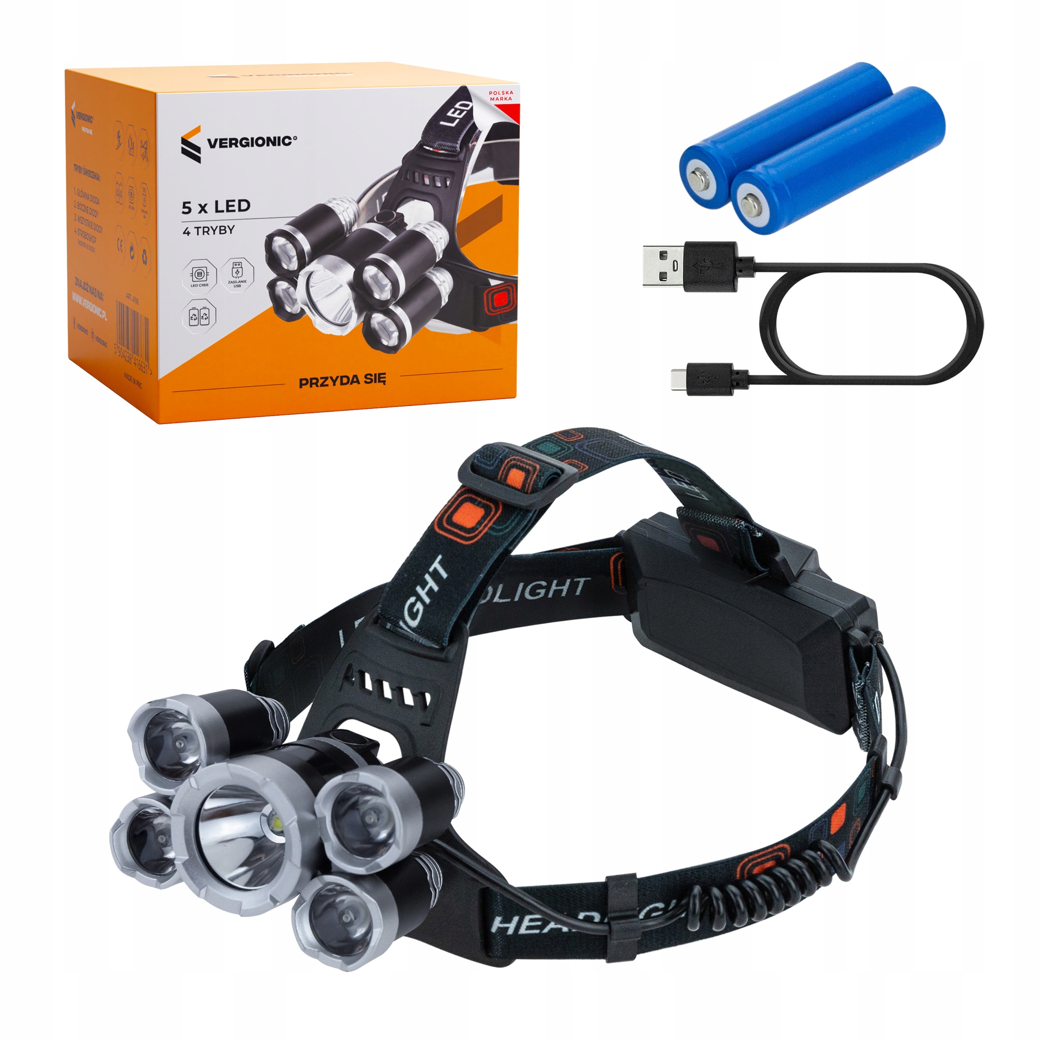 MOCNA LATARKA CZOŁOWA 5 x LED T6 CREE CZOŁÓWKA AKU Zasilanie akumulatorowe