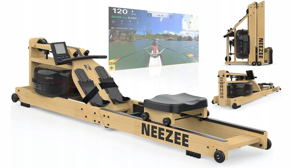 Wioślarz wodny monitor składany regulacja oporu Bluetooth 200 kg z drewna