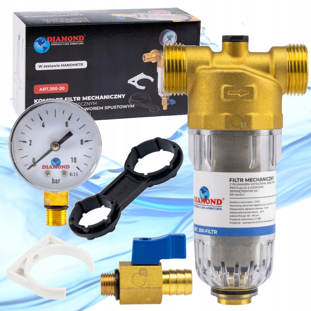Mechanický filter DN20-3/4 s manometrom a vypúšťačom vody Diamond