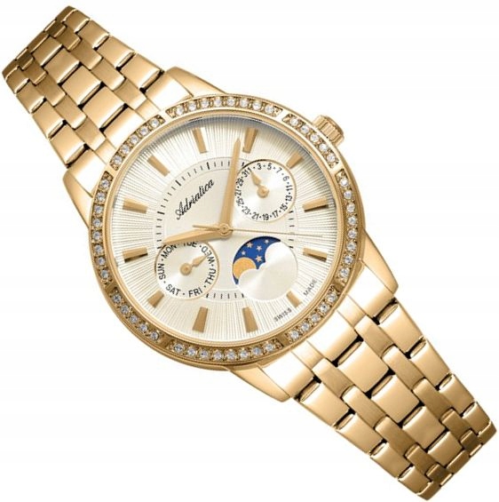 Zlaté Švýcarské Dámské Hodinky Adriatica A3601.1111QFZ Data Moon Safír
