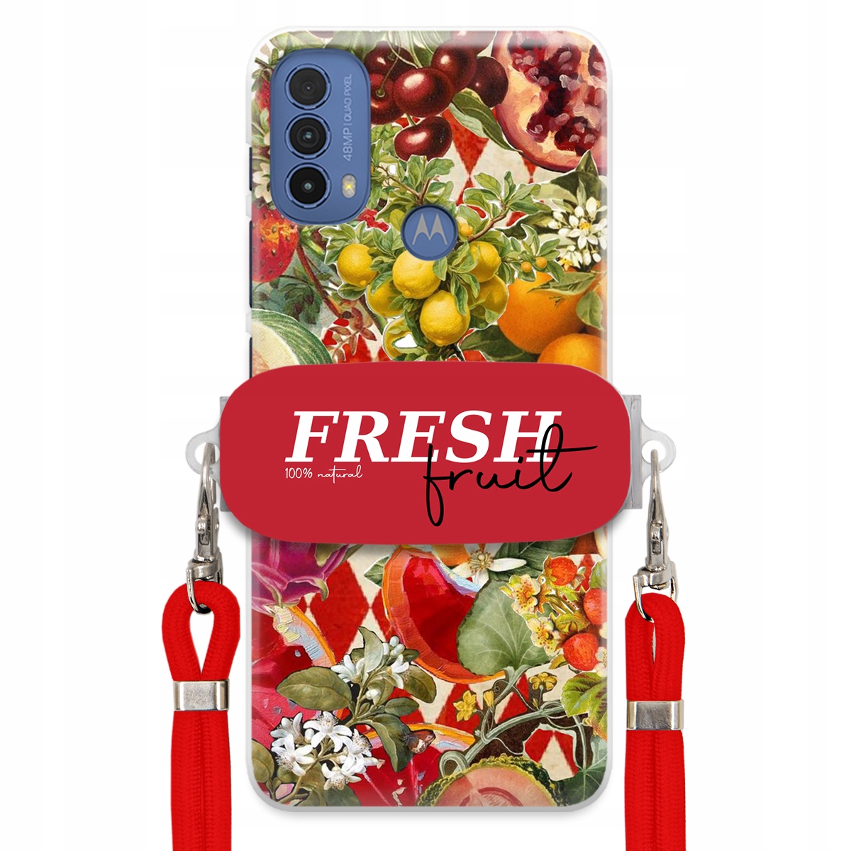 Puzdro pre Motorola E30 Červené Crossbody vodítko držiak Fresh Fruit Ovocné