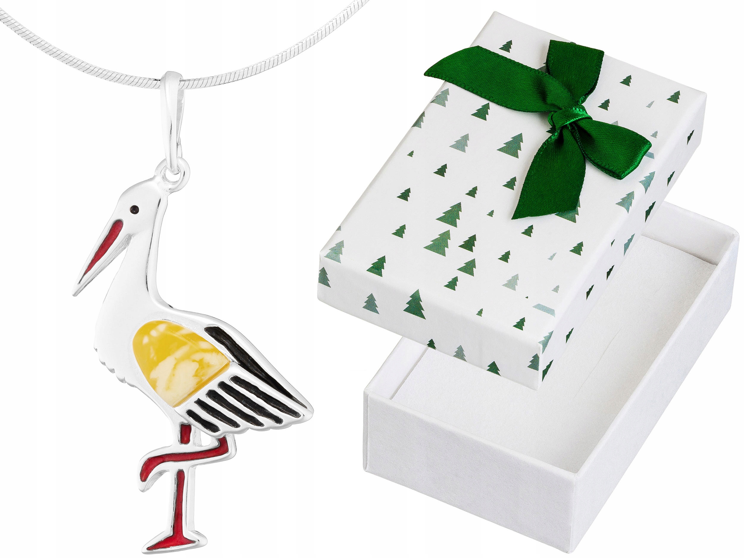 Dlouhý Stříbrný Dámský Náhrdelník Velký Čáp s Jantarem a Smaltem Pták 75 cm