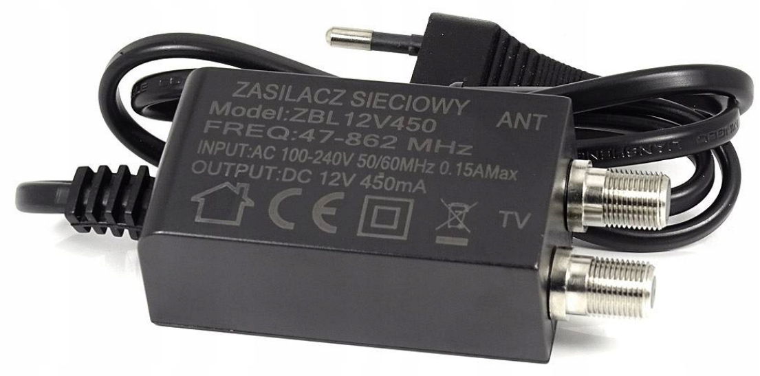 

Zasilacz Antenowy Tv 12V 450mA do Anten DVB-T/T2