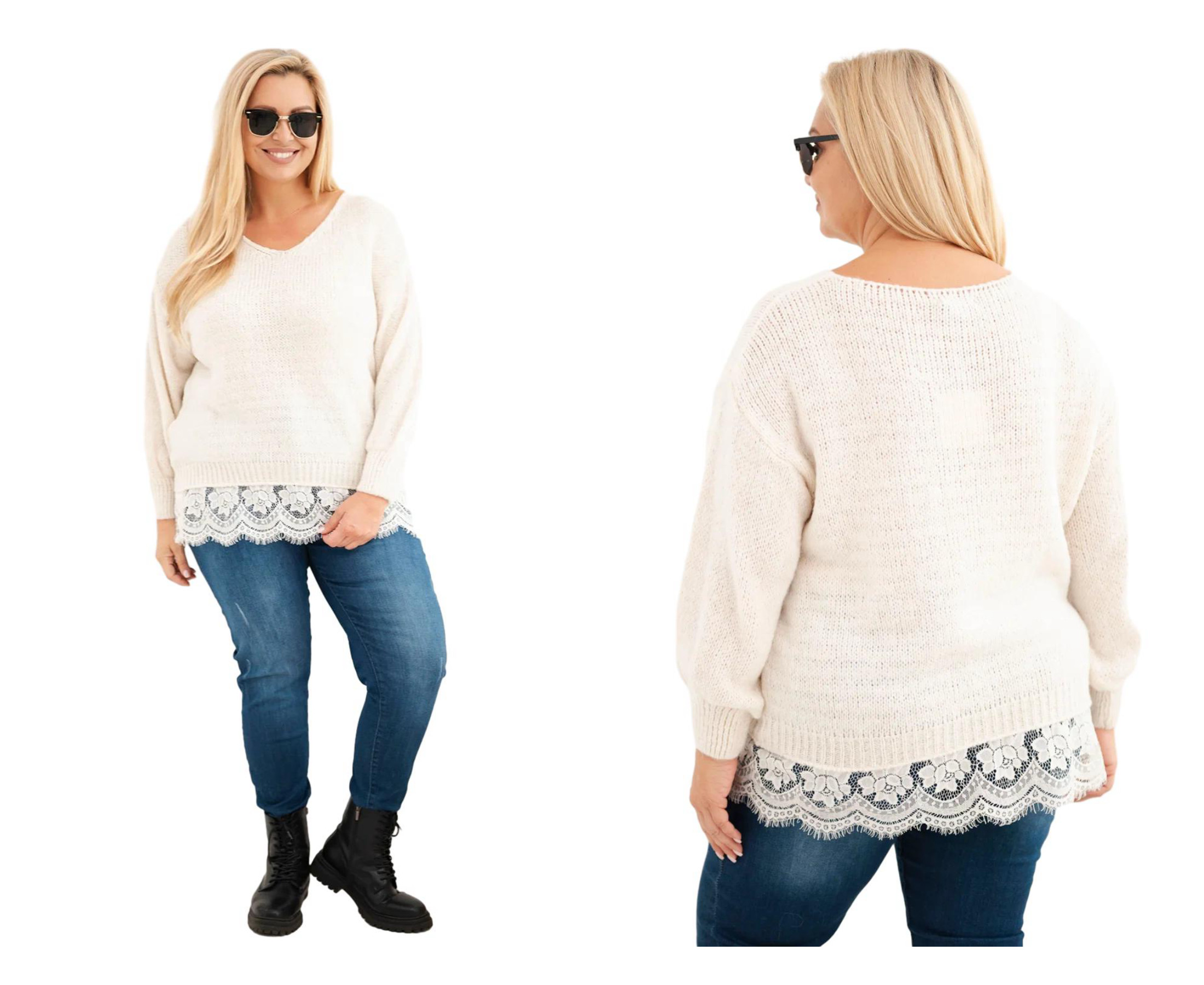 Dámský svetr plus size s krajkovým spodním dílem a výstřihem do V, světle béžový