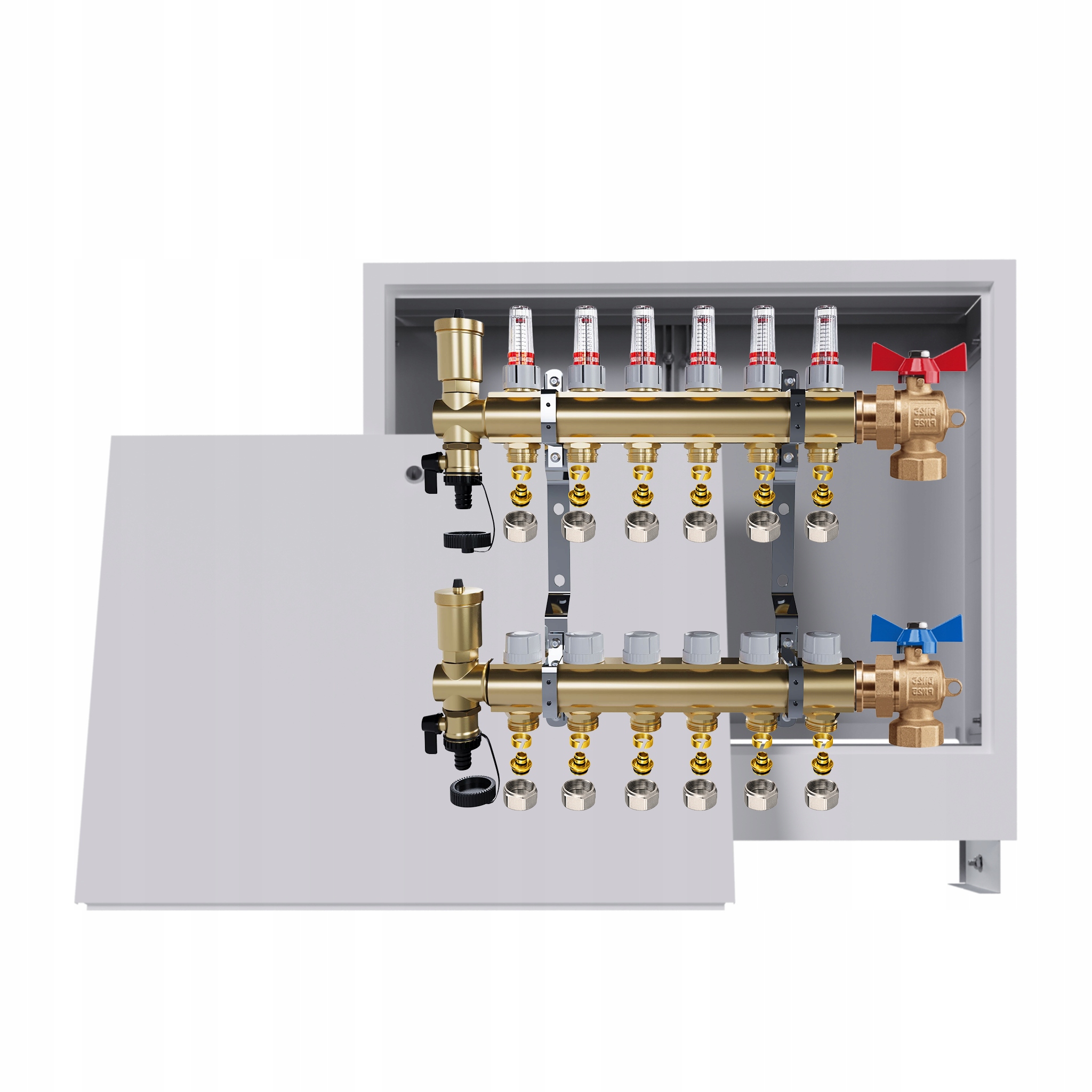 Rozdělovač podlahový mosazný 6 okruhů Podomítková skříň ventily Pex