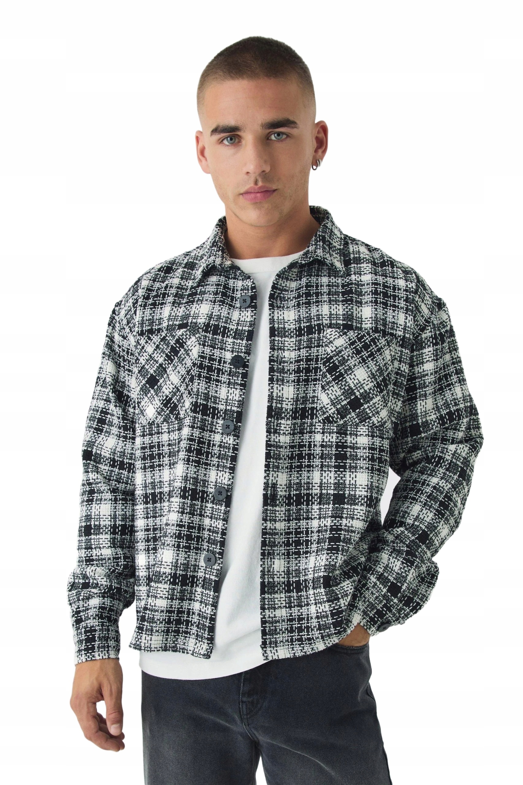 Boohooman Pánská Košile Casual Kostkovaná Černobílá Dlouhý Rukáv M Z3A