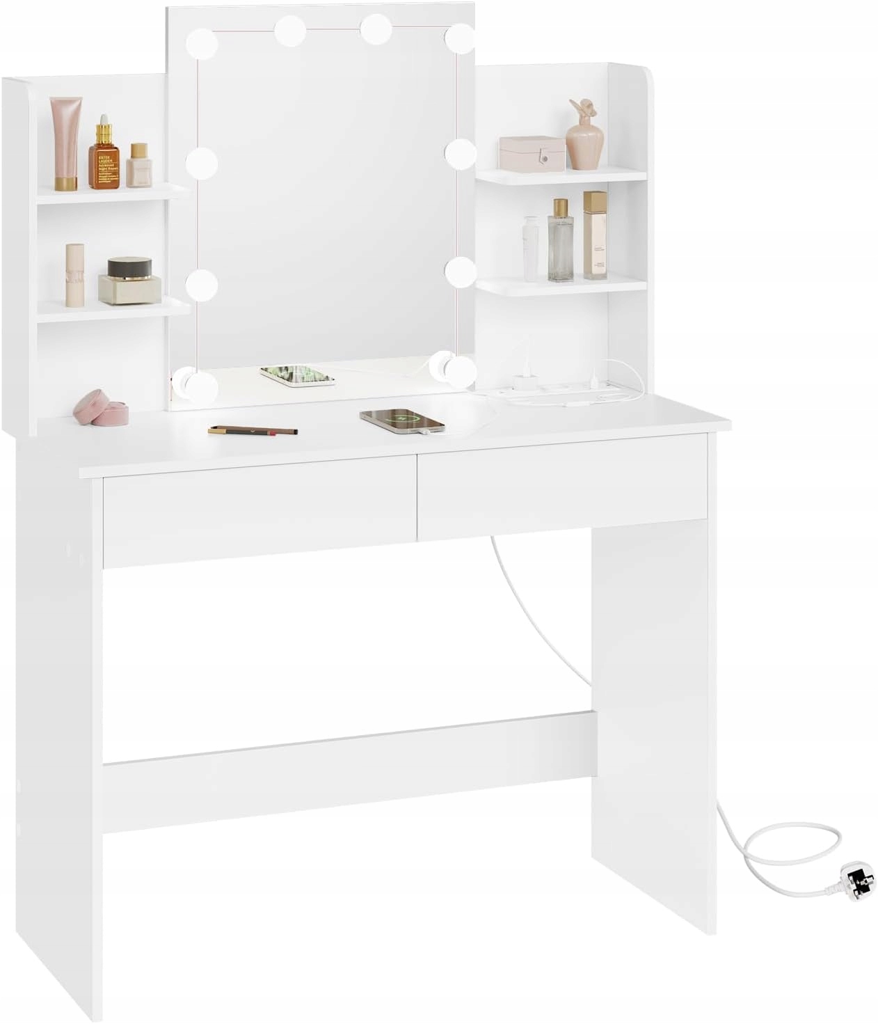 TOALETKA LED 90CM Z GNIAZDKIEM USB 2 SZUFLADY BIAŁA 6 PÓŁEK