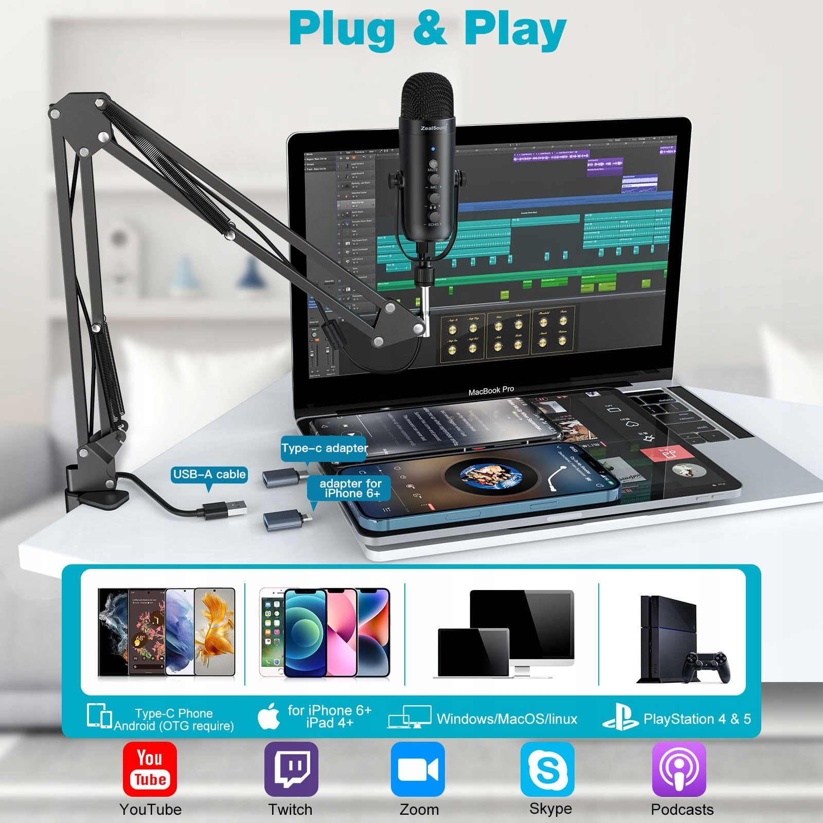 ZEALSOUND K66 USB Mikrofon Do Gier iPhone PC PS5 Mac Podcast Streaming — miniatura 2