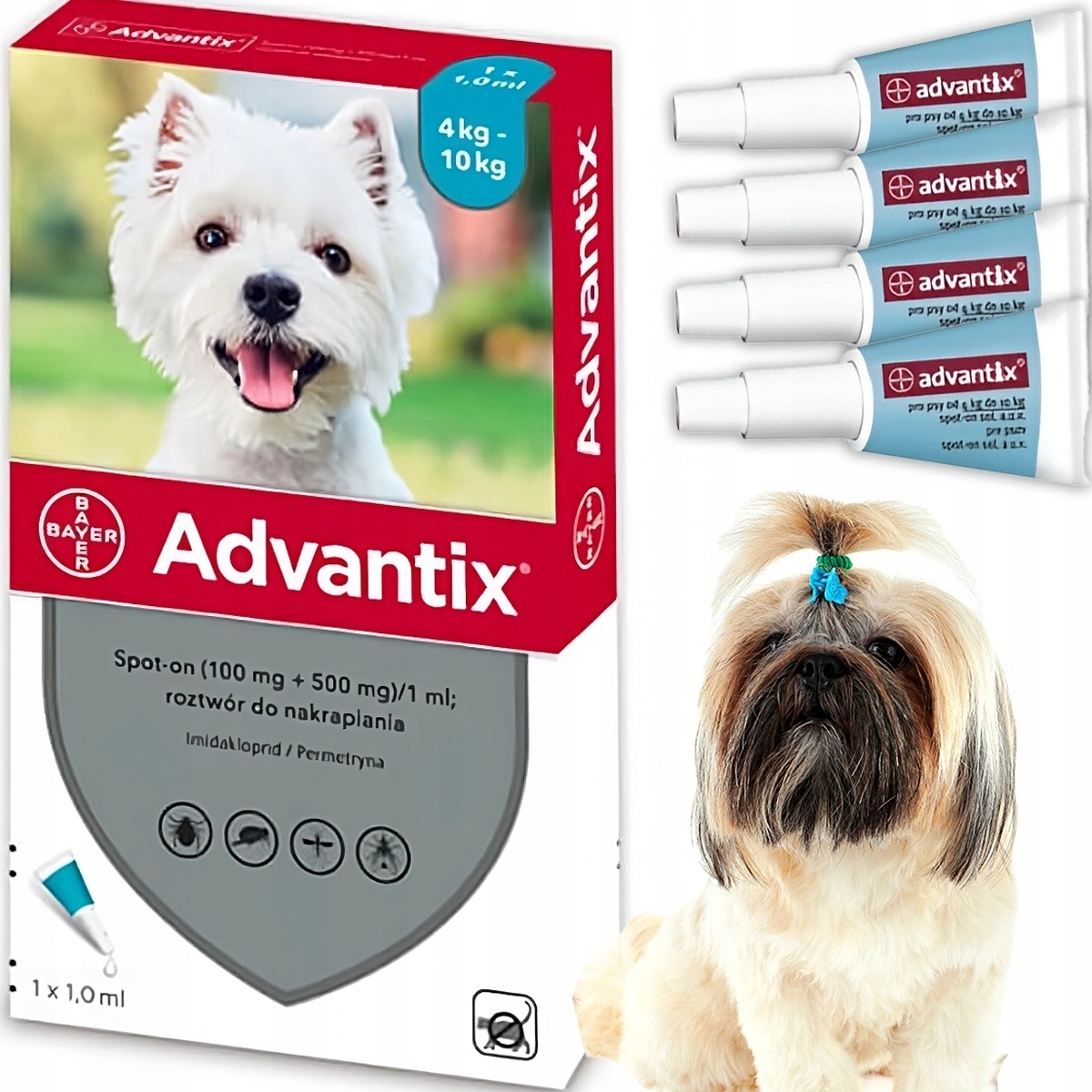 Skuteczne Krople dla Psa do 10 kg na Kleszcze Pchły Advantix 4 x 1 ml
