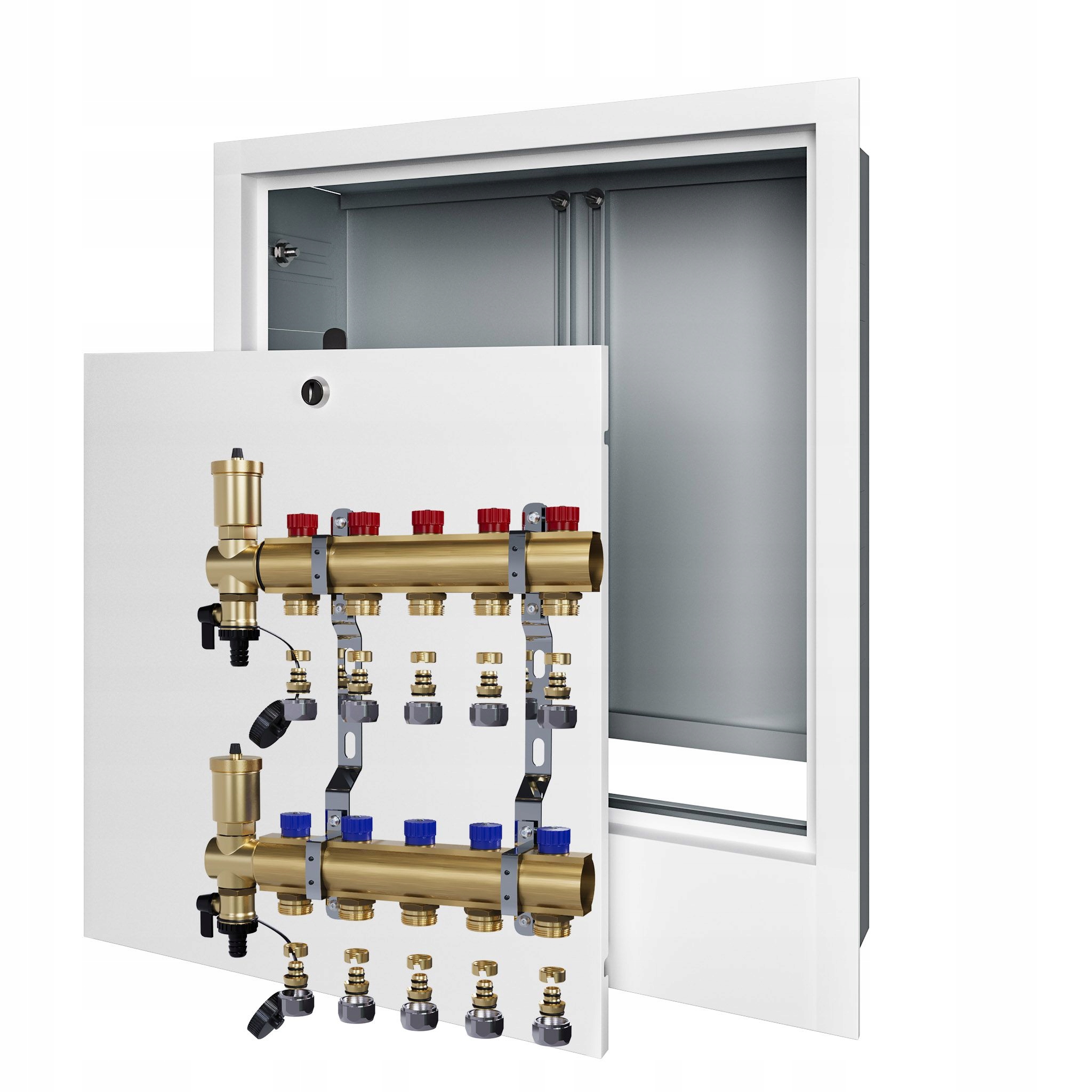 Manuální rozdělovač pro 5 radiátorových topení podomítková skříňka+Pex