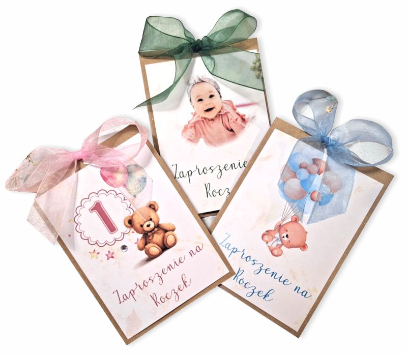 Zaproszenia na Roczek ze zdjęciem miś balony