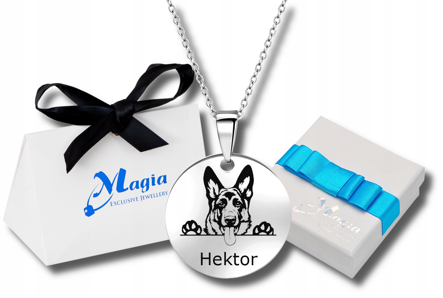 Srebrny Naszyjnik Pies Pupil Przyjaciel Człowieka Pyszczek Pudełko + Grawer
