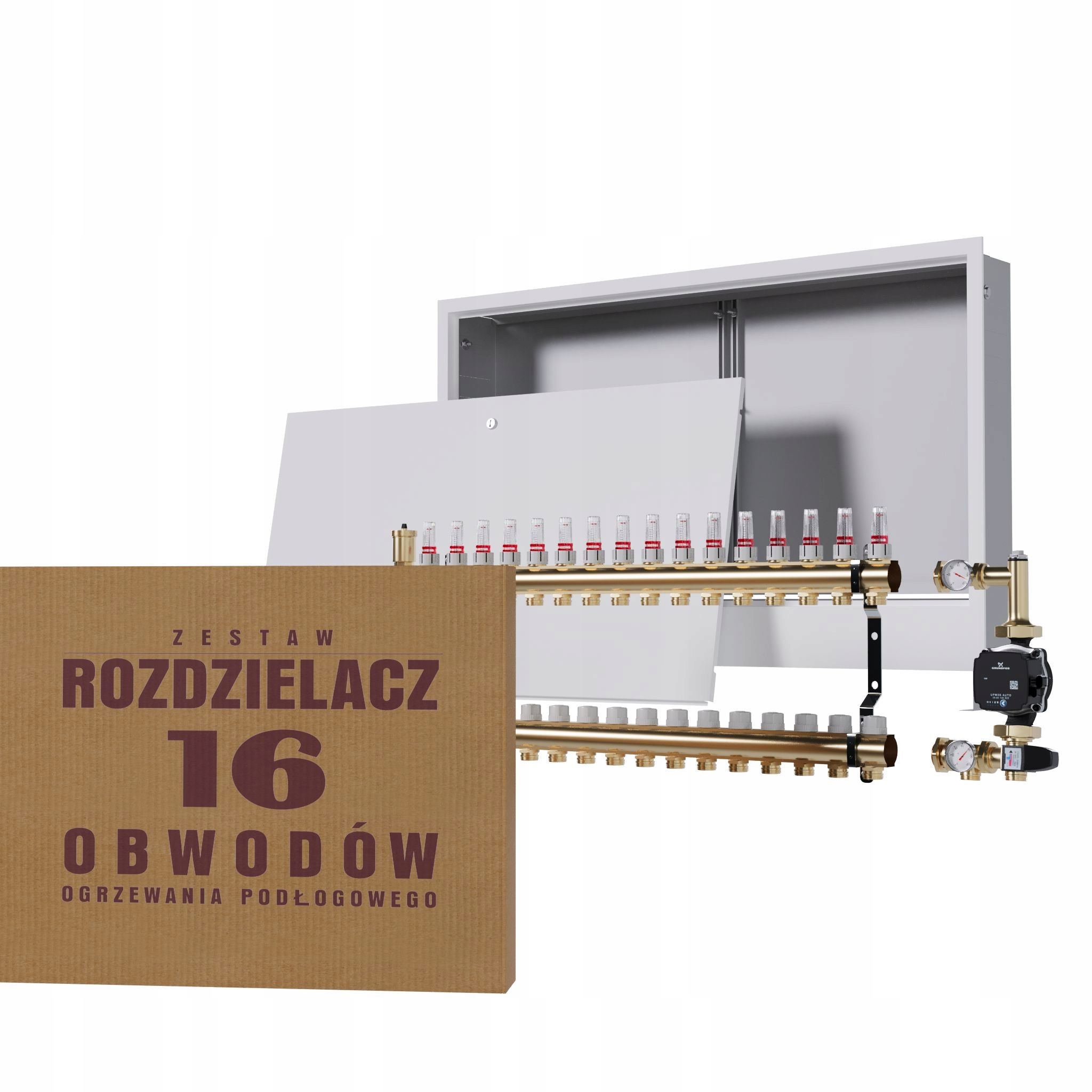 Rozdělovač pro podlahu 16 okruhů se skupinou Grundfos podomítková skříňka