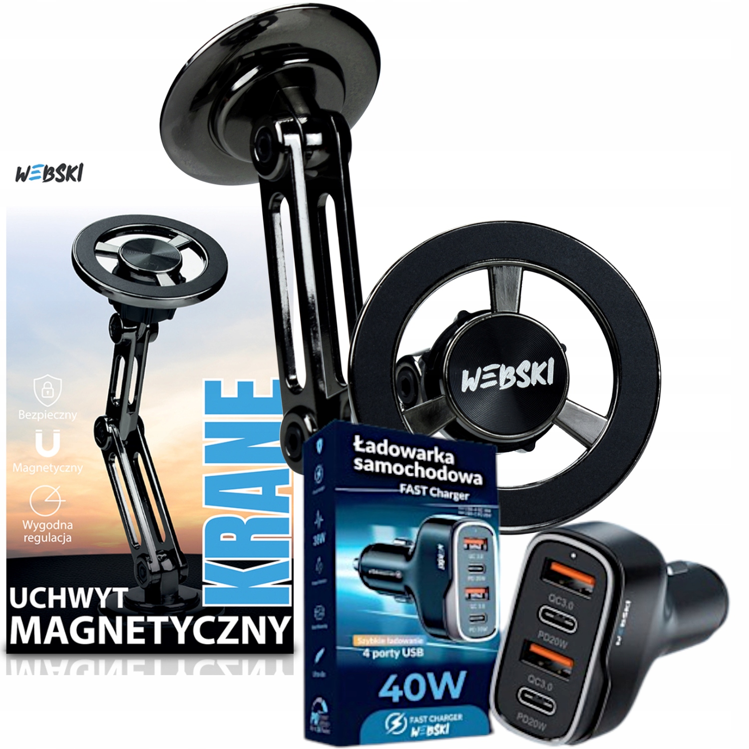 Magnetický držák do auta Nastavitelný Rychlá nabíječka Zapalovač 40W