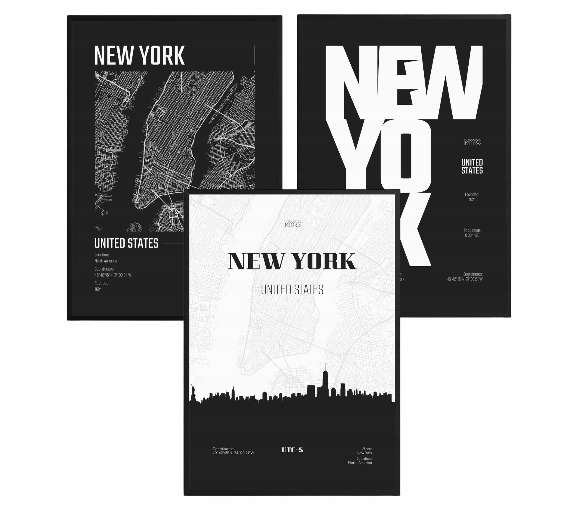 Sada plakátů New York Mapa Panorama Černobílá Loftový styl Moderní