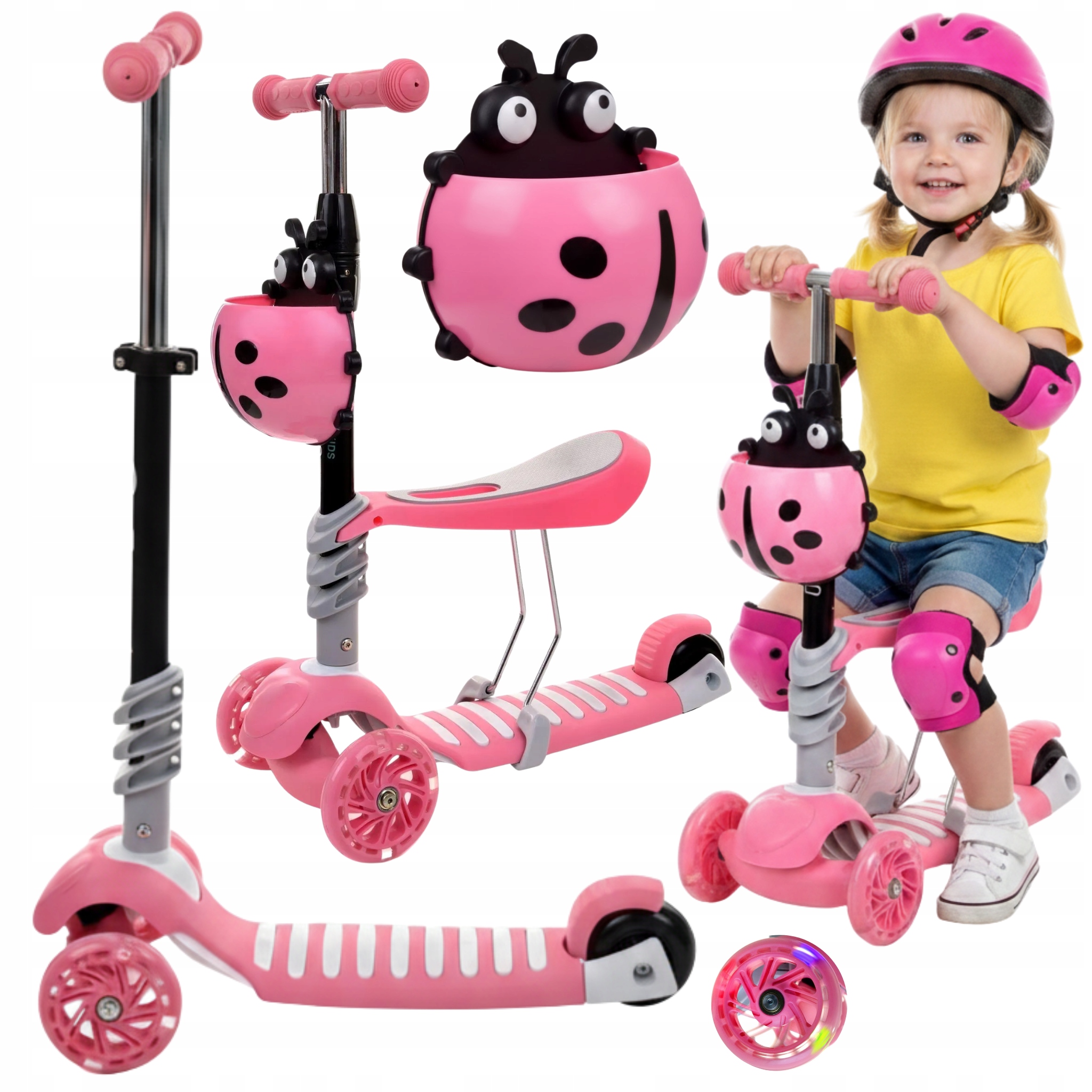 Hulajnoga 3w1 dla dzieci z siedziskiem Led balansowa różowa regulowana