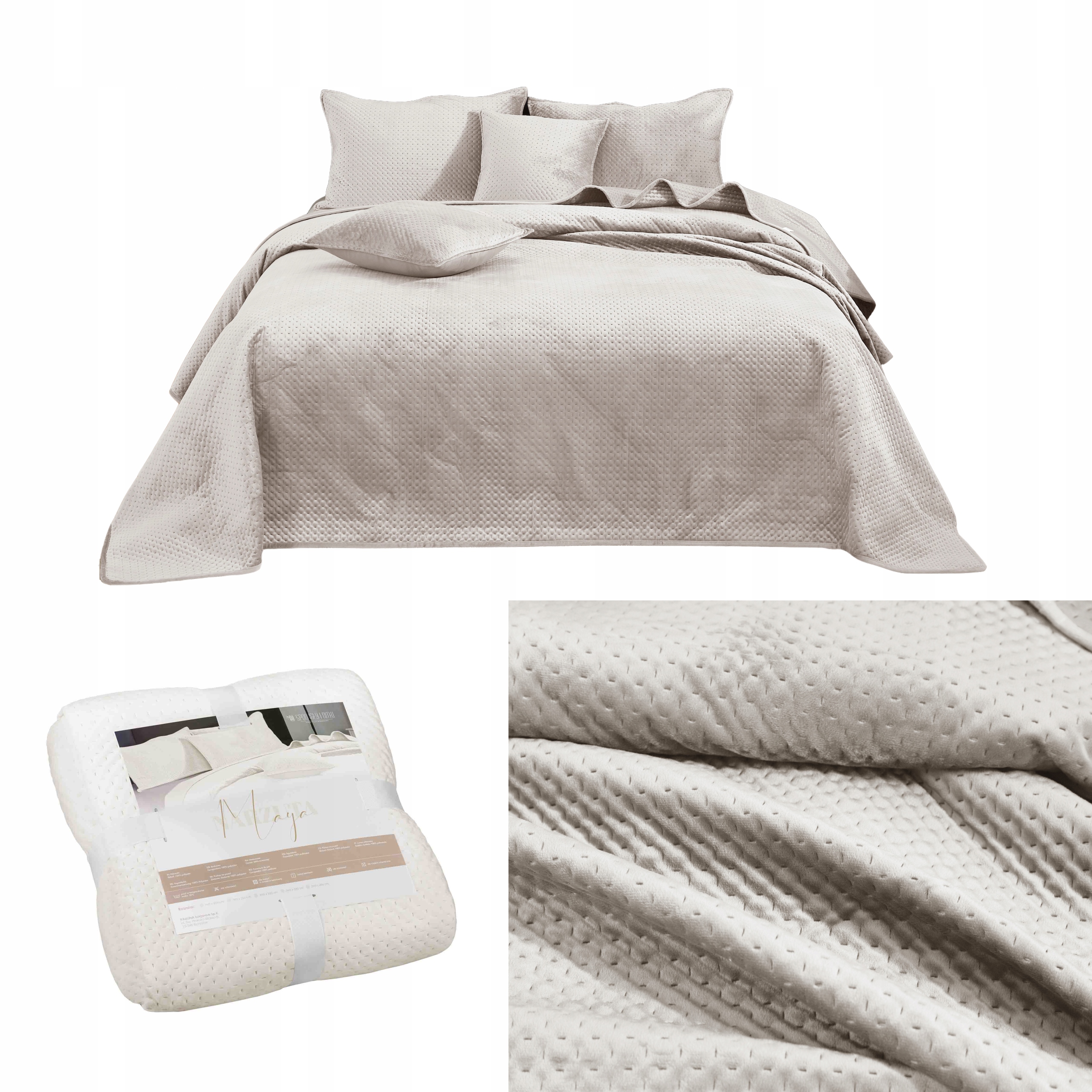 Narzuta Na Łóżko 200x220 Welwet Maya jasny beż Welwetowa Pikowana Kapa Koc