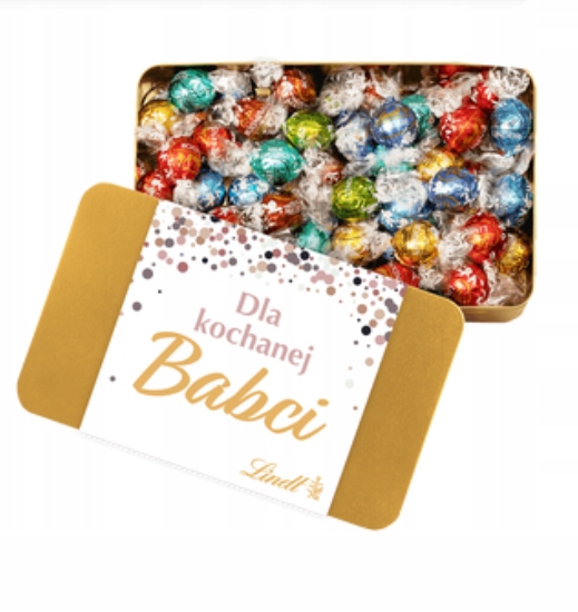 Mix 600g pralin lindt w metalowym opakowaniu z dedykacją na dzień babci
