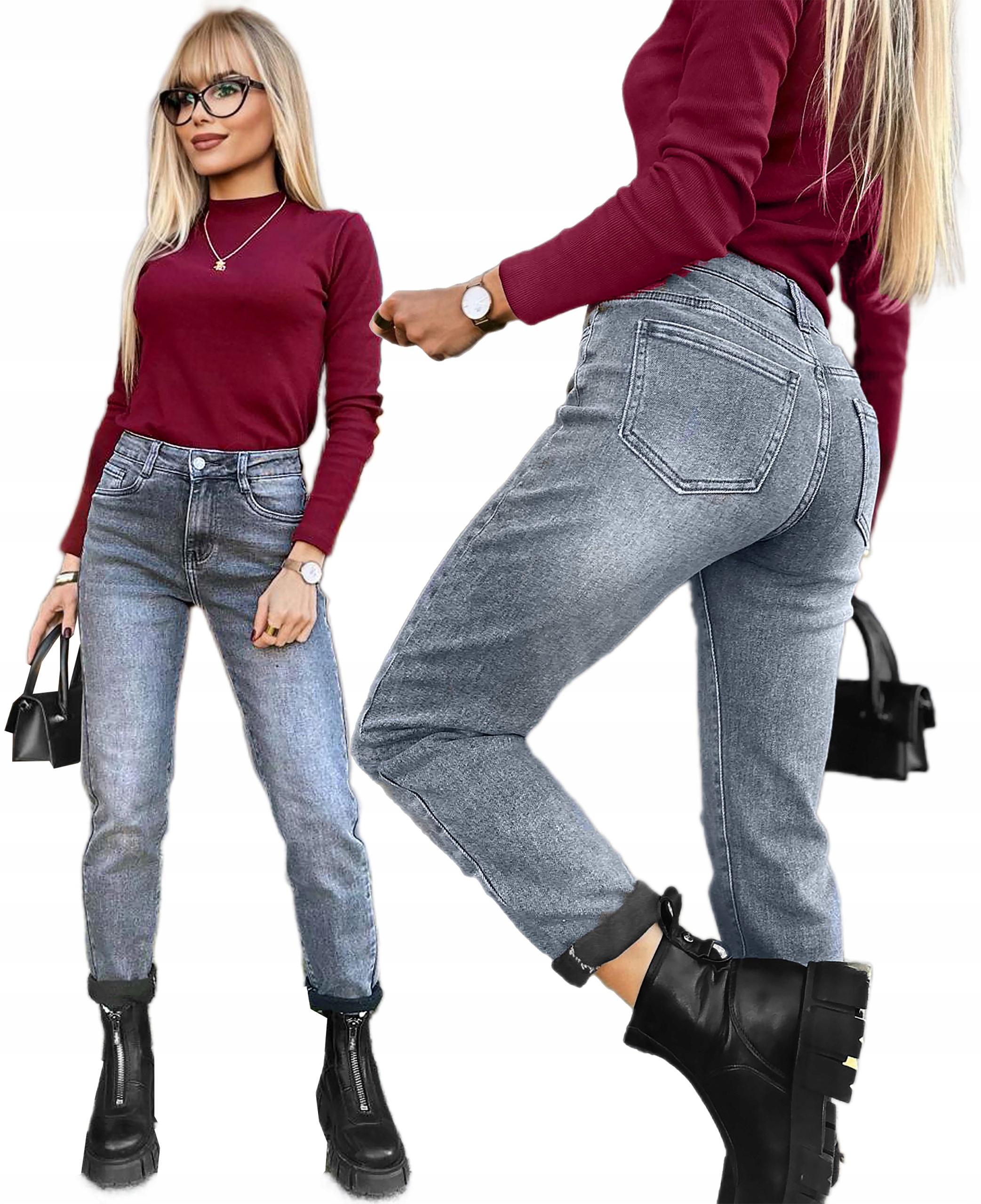 Spodnie damskie Jeansy szare wysoki stan Mom Fit elastyczne modne S Lisa