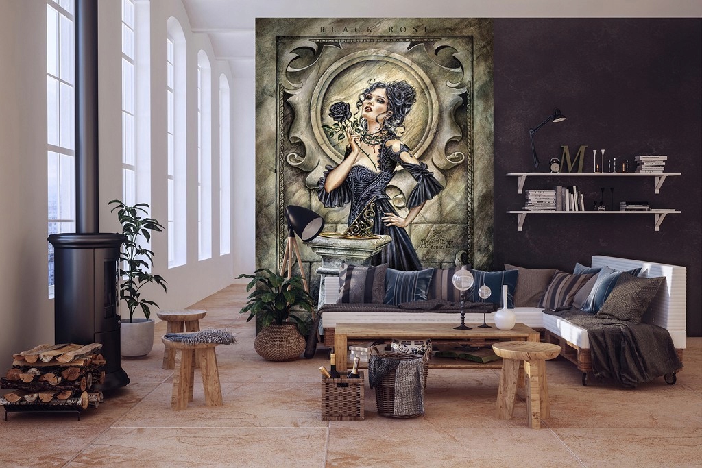 Vliesová Fototapeta 206x275 Žena v černé a černé růži +lepidlo
