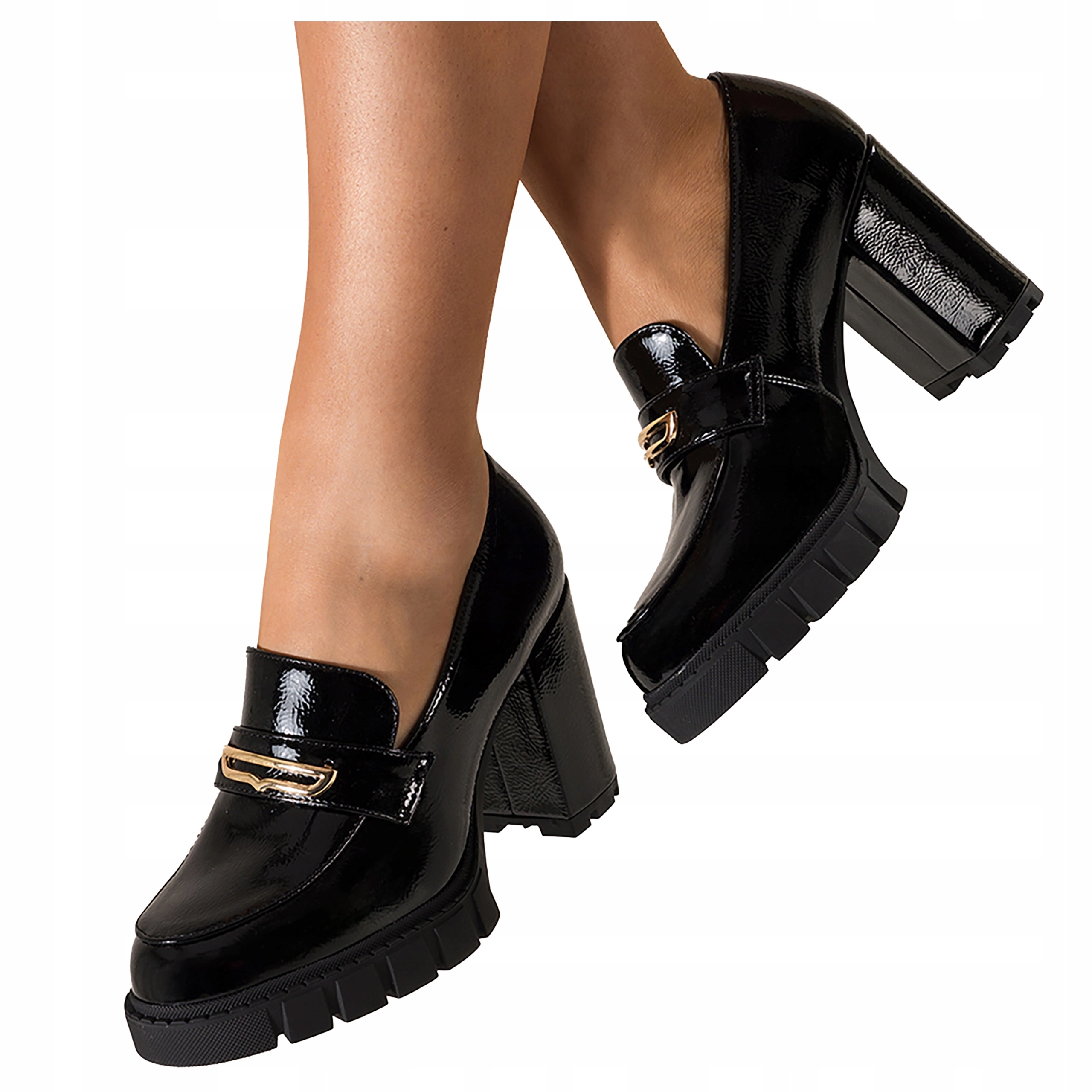 Mokasíny Černé Dámské Lakované Nazouvací Polobotky Na Podpatku Sloupku vel 41