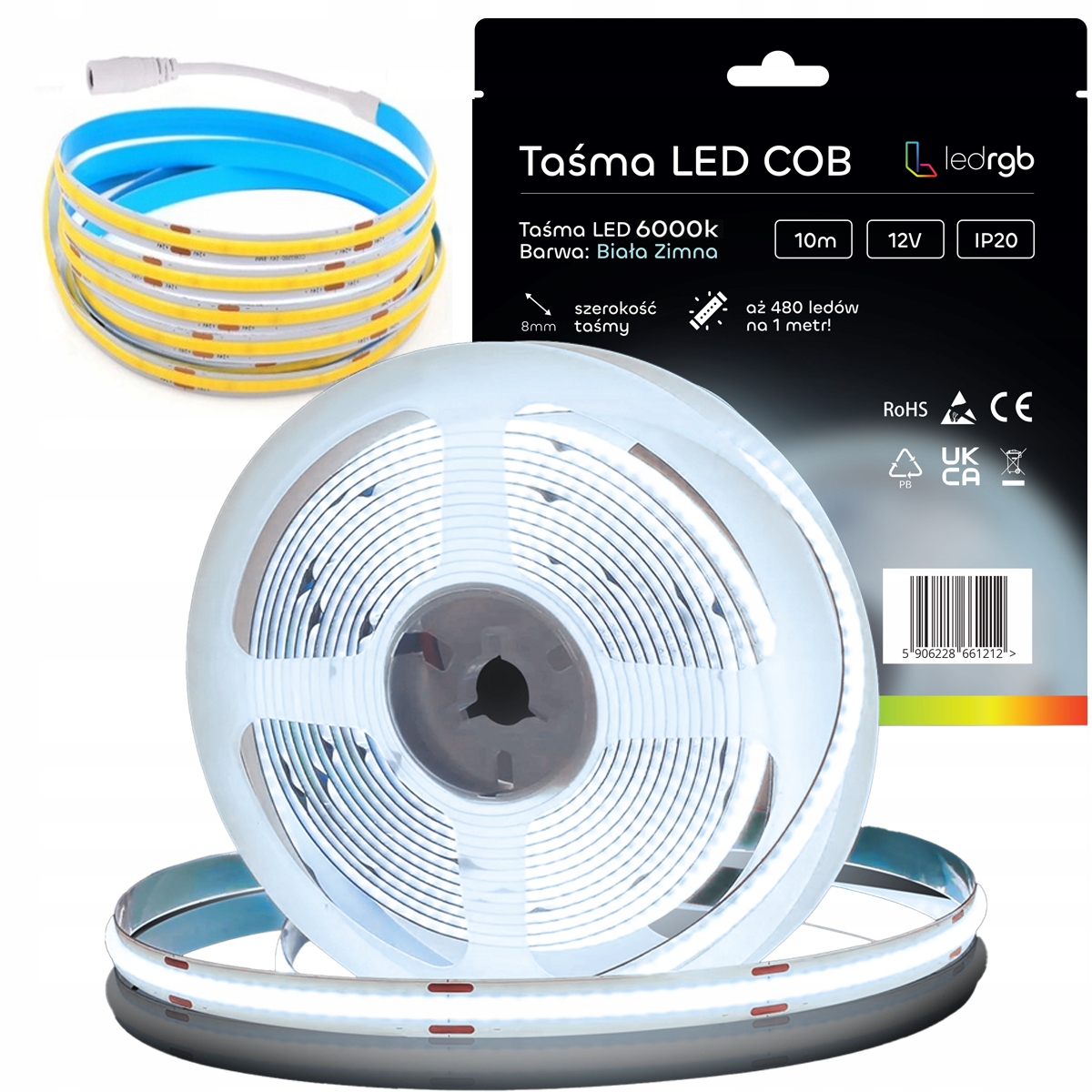 Taśma Led Neon Cob 12V 10m 480 diod 6000K Biała Zimna Homogeniczna 8MM IP20