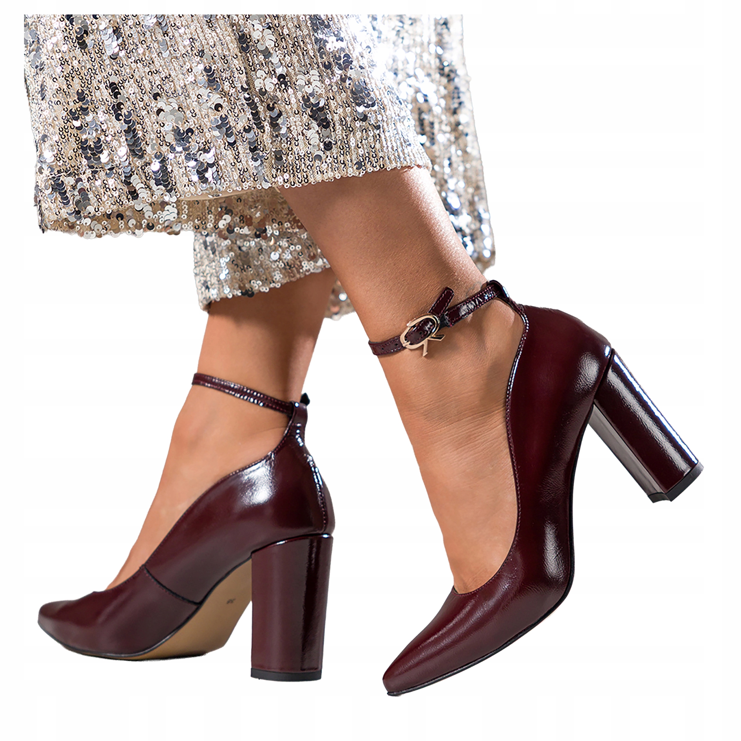 Bordové dámské lodičky na podpatku lakované Módní kožené Polské vel. 37