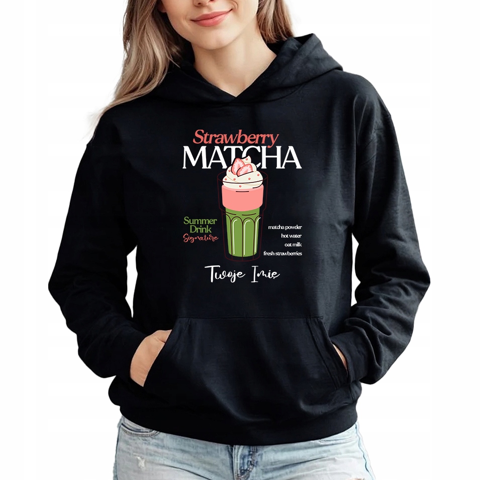 Mikina Hoodie černá pro milovnici Matchy Strawberry Matcha Jméno S