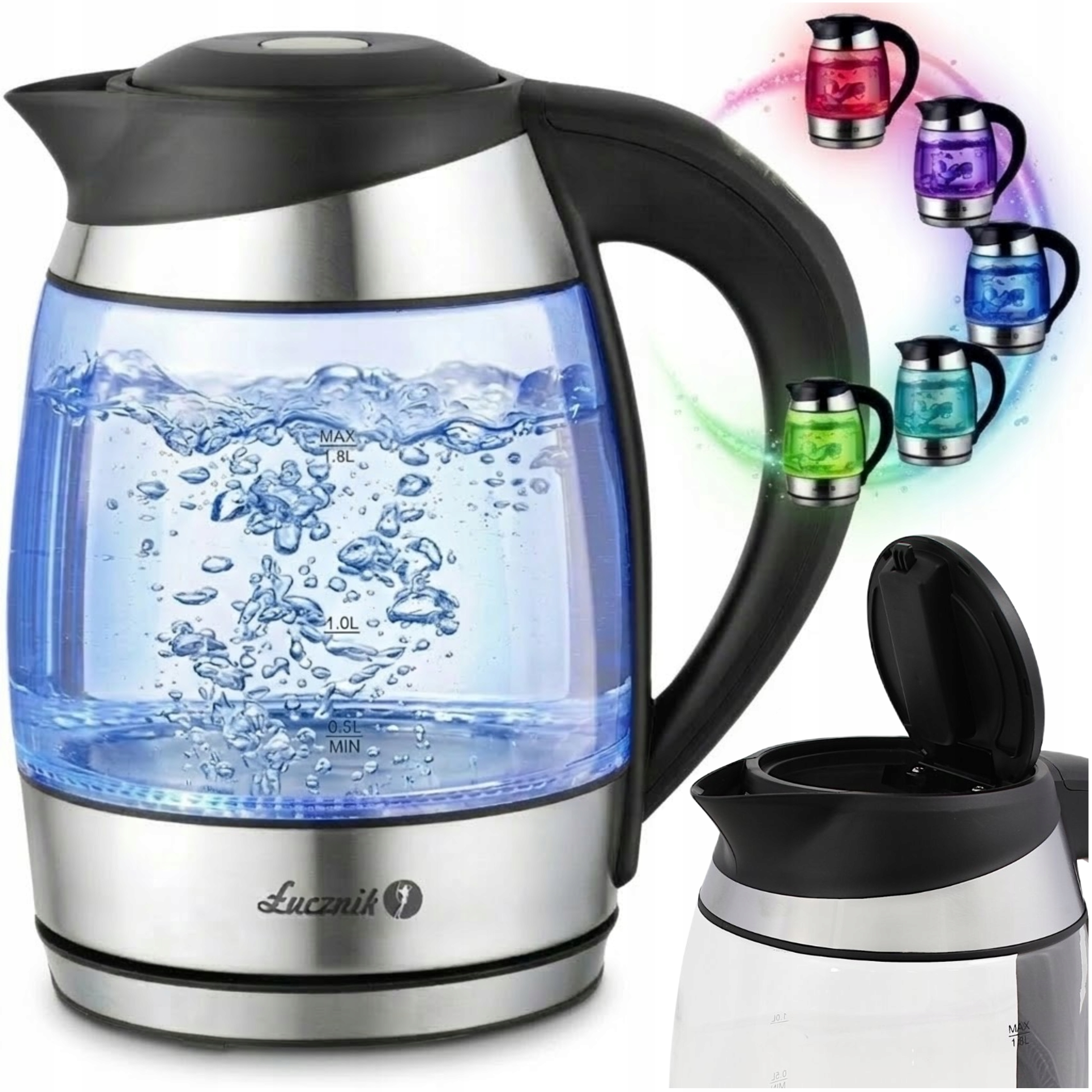 Czajnik elektryczny szklany z regulacją temperatury Łucznik czarny Led 1,8L