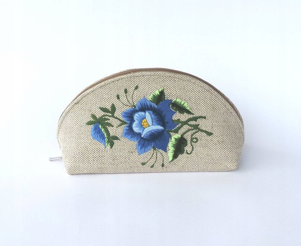 Lněná Kosmetická Taška Folk Rybářská Výšivka Modrá Růže Ruční Práce