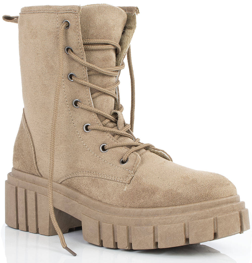 6927 BEŻOWE BOTKI TRAPERY ZAMSZOWE OCIEPLANE 40