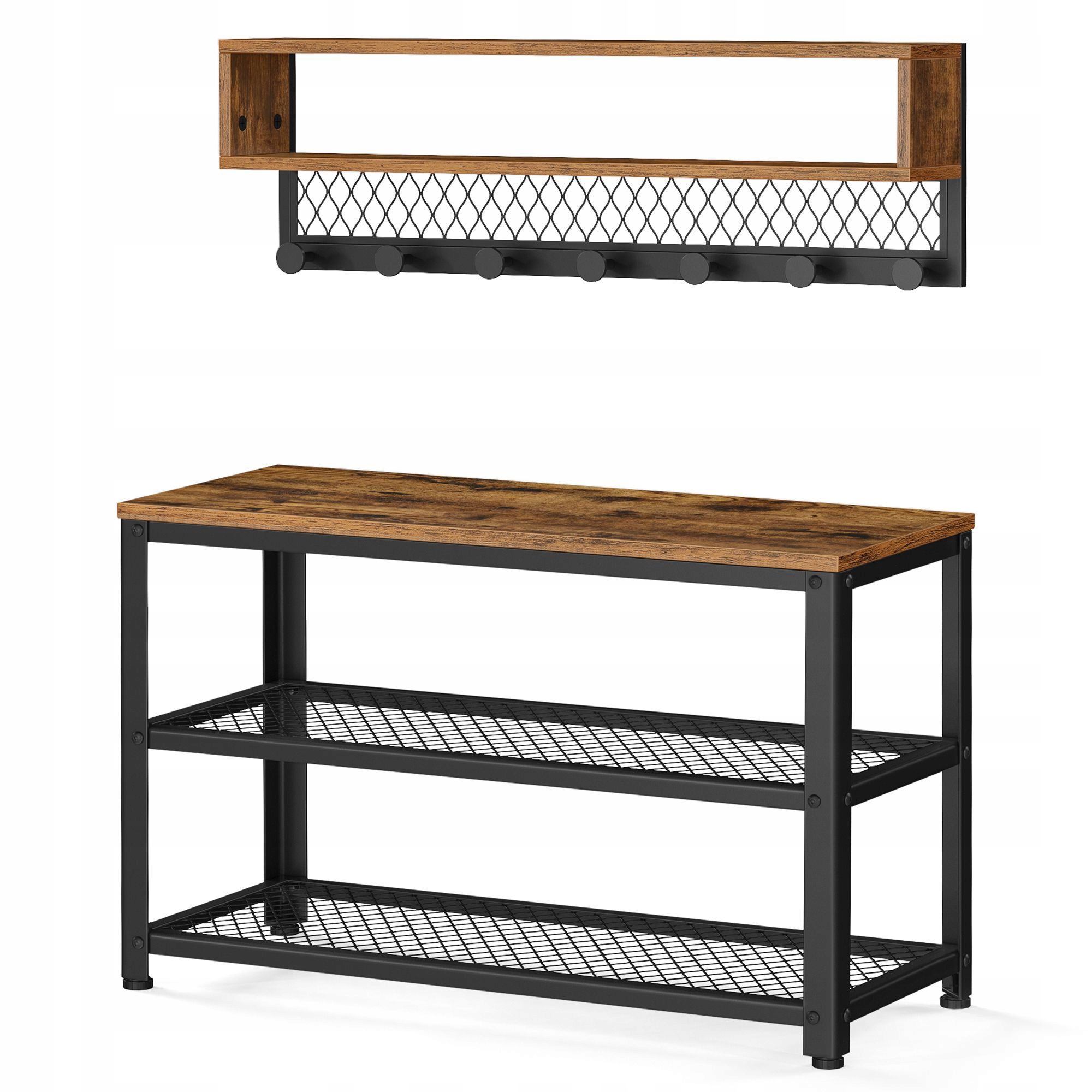 Nástenný vešiak s dvojitou poličkou a skrinkou na topánky s sedadlom je súčasťou balenia