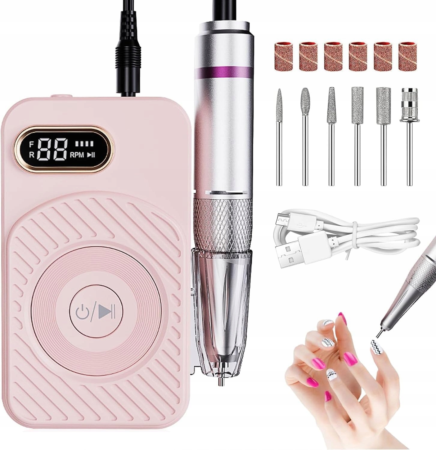 Profesionální Bruska Na Nehty 45000 ot/min Displej Frézy Růžová
