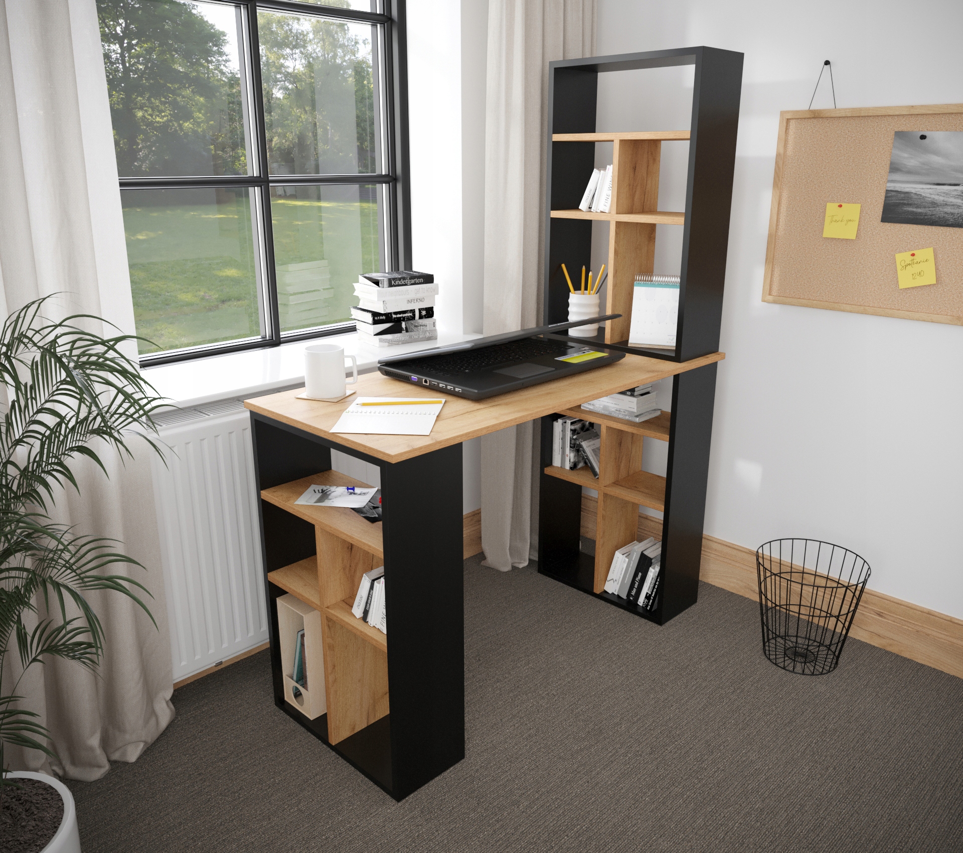 BIURKO NOWOCZESNE BORYS 2 Z NADSTAWKA CZARNY MAT / DAB WOTAN + GRATIS