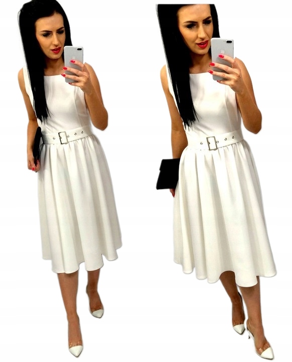 Šaty Midi rozšířená páskem na Svatební Hostina Elegantní Ecru L