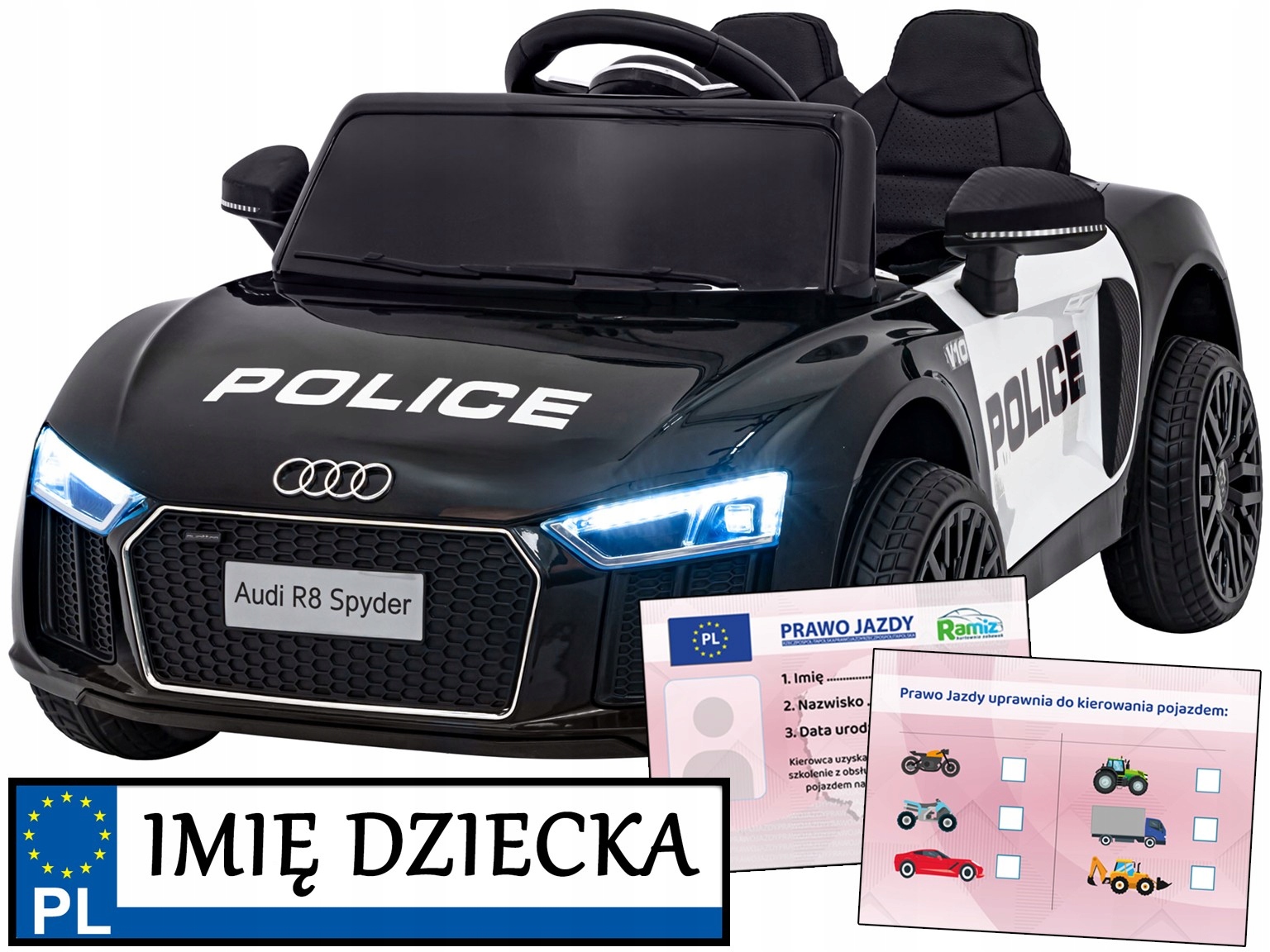 Policja autko elektryczne Audi R8 Spyder pilot dla rodzica panel audio