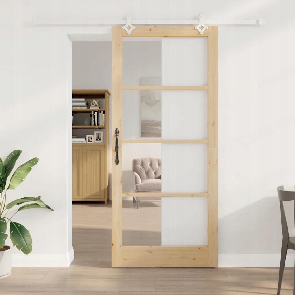 vidaXL Posuvné dveře Přírodní 93 x 211 cm Masivní borové dřevo a sklo