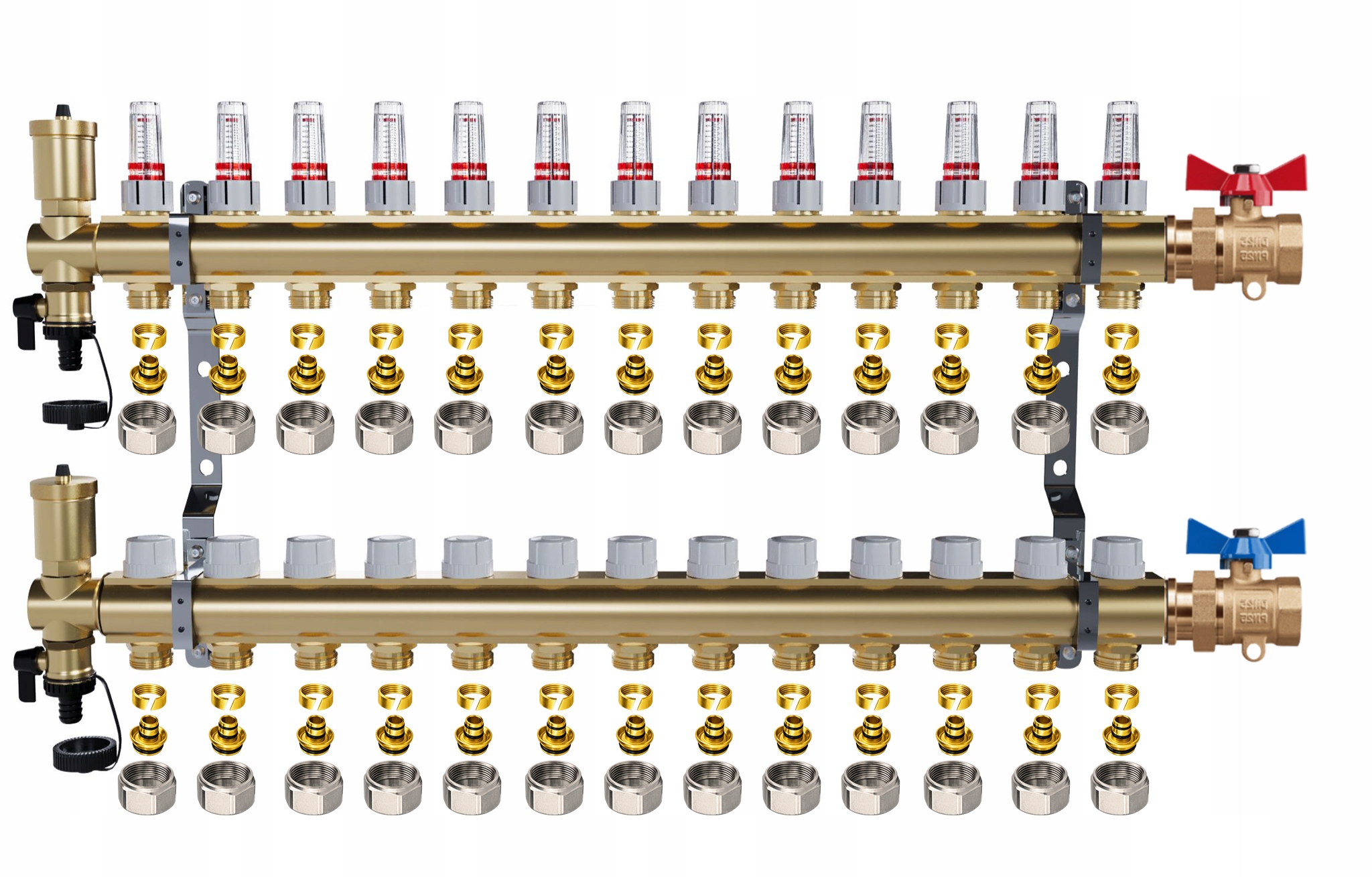 Rozdělovač pro podlahové vytápění – 13 okruhů jednoduché ventily Pex