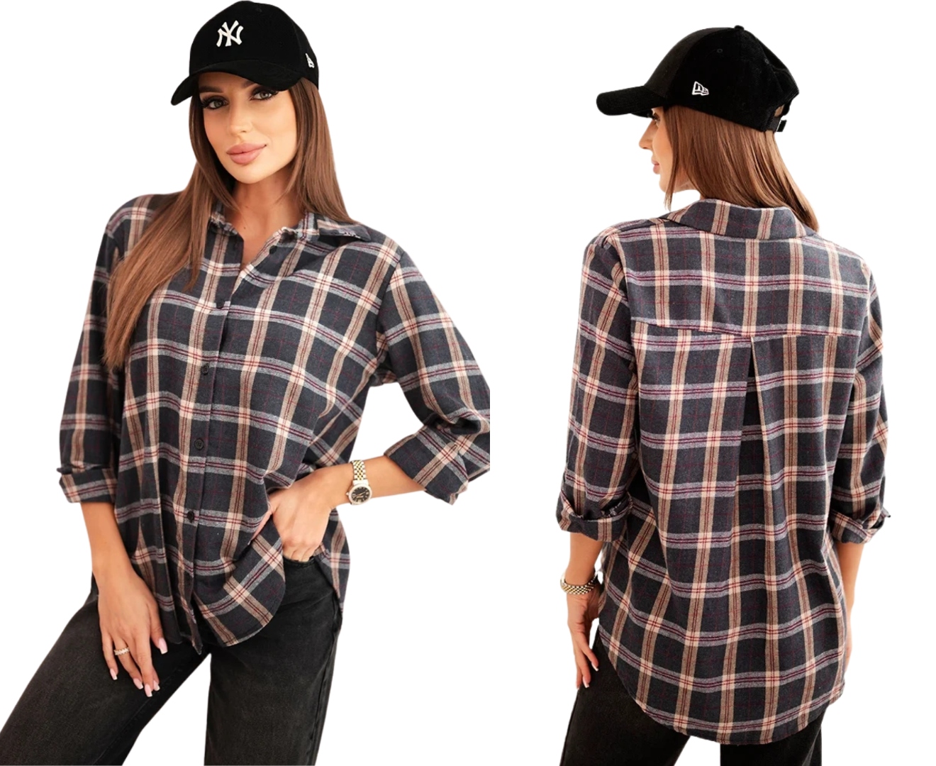 Dámská kostkovaná bavlněná košile s delší zadní částí, grafitová