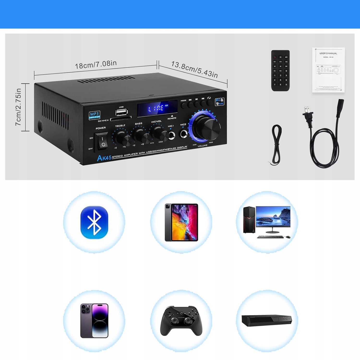 WZMACNIACZ BLUETOOTH 5.0 HIFI STEREO, 2-KANAŁOWY MINI WZMACNIACZ AUDIO Marka inna