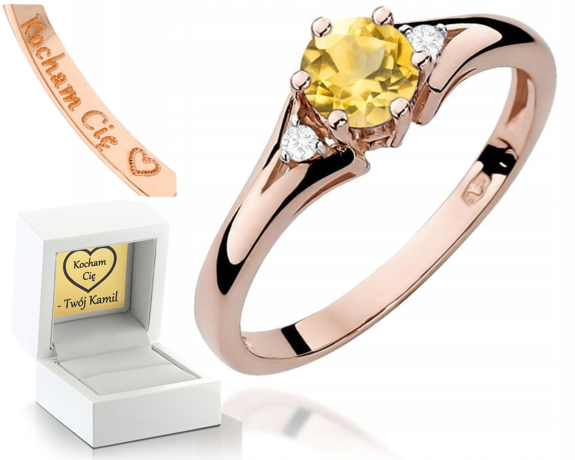 Prstýnek Z Růžového Zlata S Citronem 585 Brilianty Diamanty Gravírování