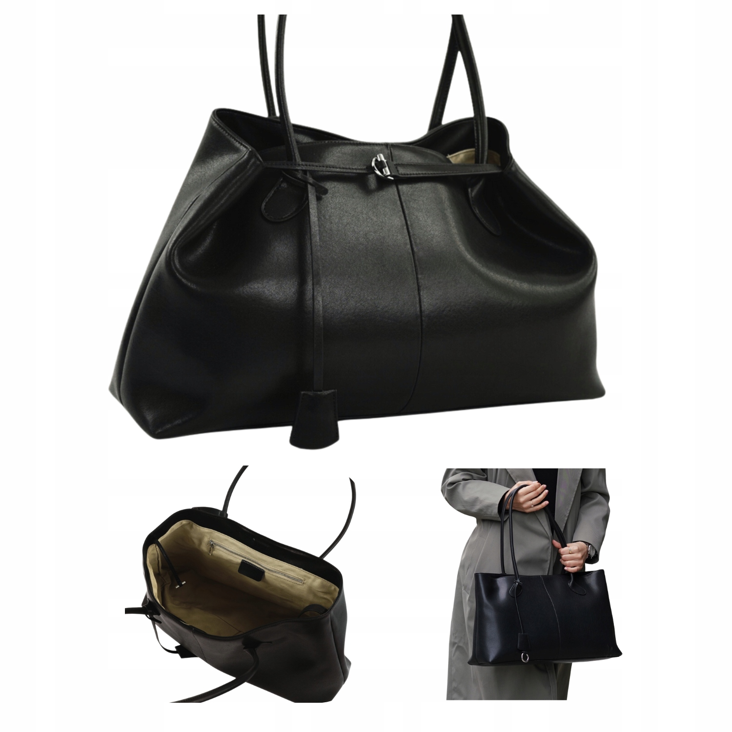 Dámská kožená taška černá Solier velká kabelka přes rameno shopper dárek