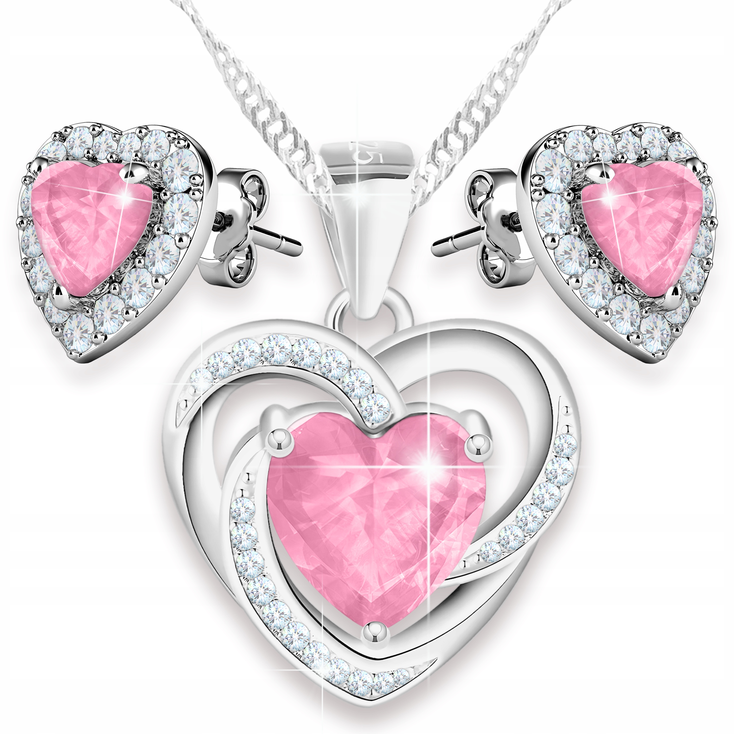 Sada Náušnice a náhrdelník Stříbrné růžové srdce Krystaly Srdce Stříbro 925