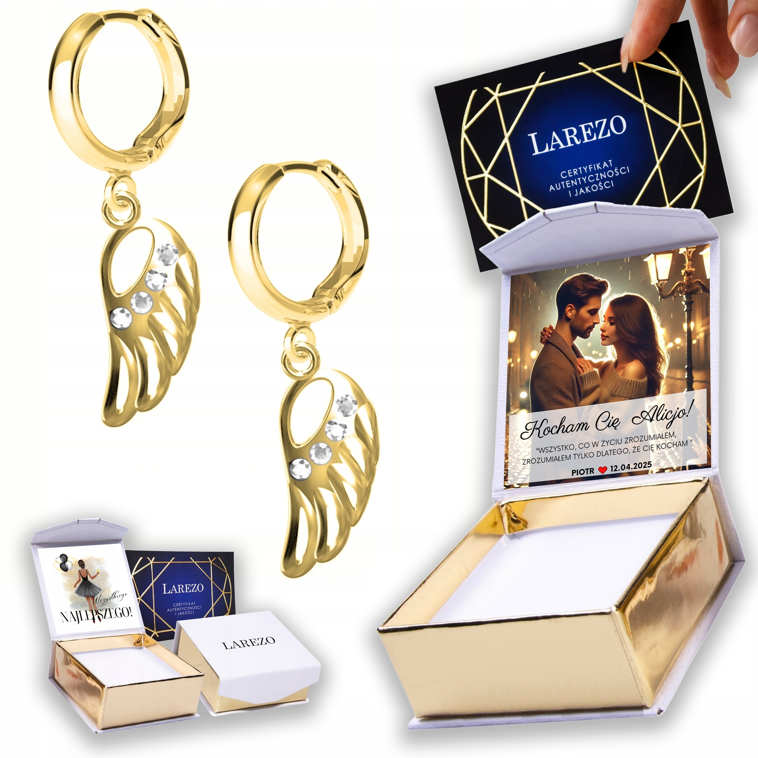 Zlaté Náušnice 925 s křídly Anděla Křídla Křídlo Wings Print