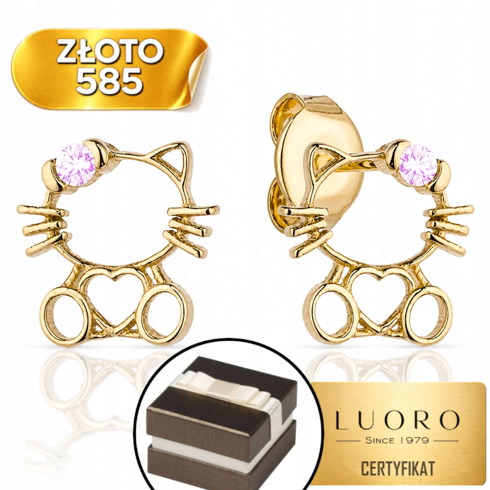 Náušnice Zlaté 585 14K Kočička Srdce Růžová Zirkon Tyčinka 6 MM