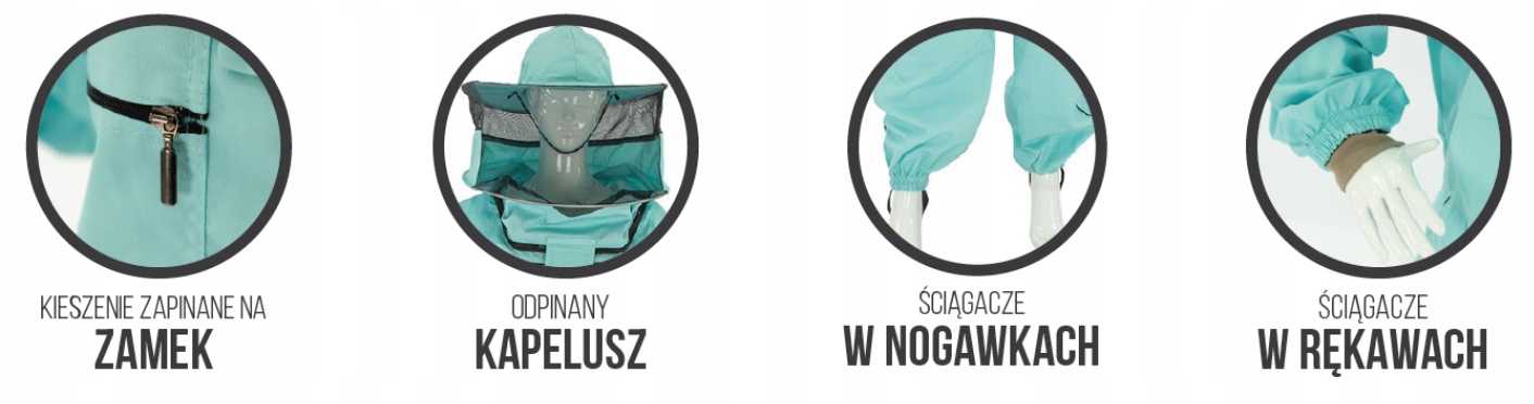 KOMBINEZON pszczelarski z kapeluszem rozpinany TURKUSOWY - L Rodzaj kombinezon