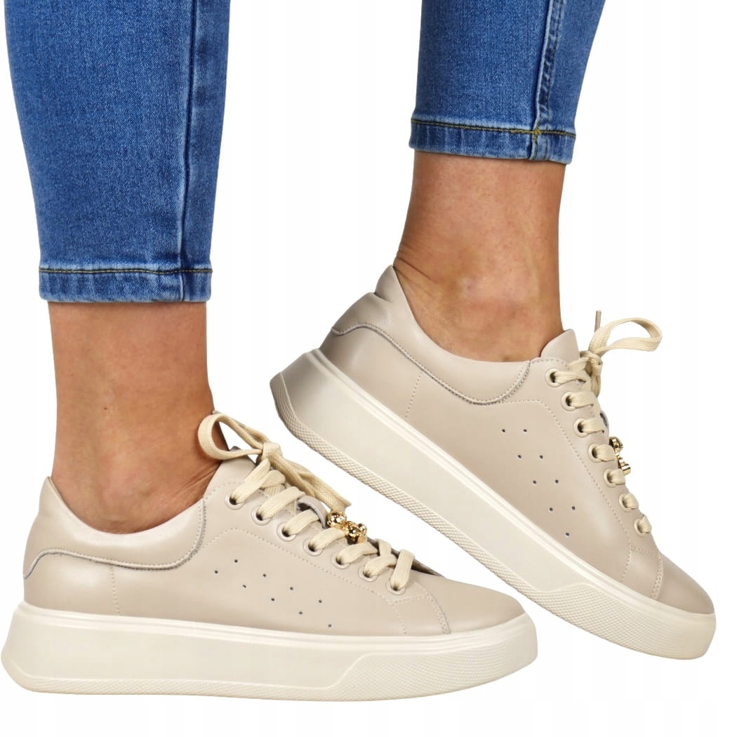 Béžové Kožené Tenisky Na Platformě, Nízké Šněrovací Lehké Tenisky 41