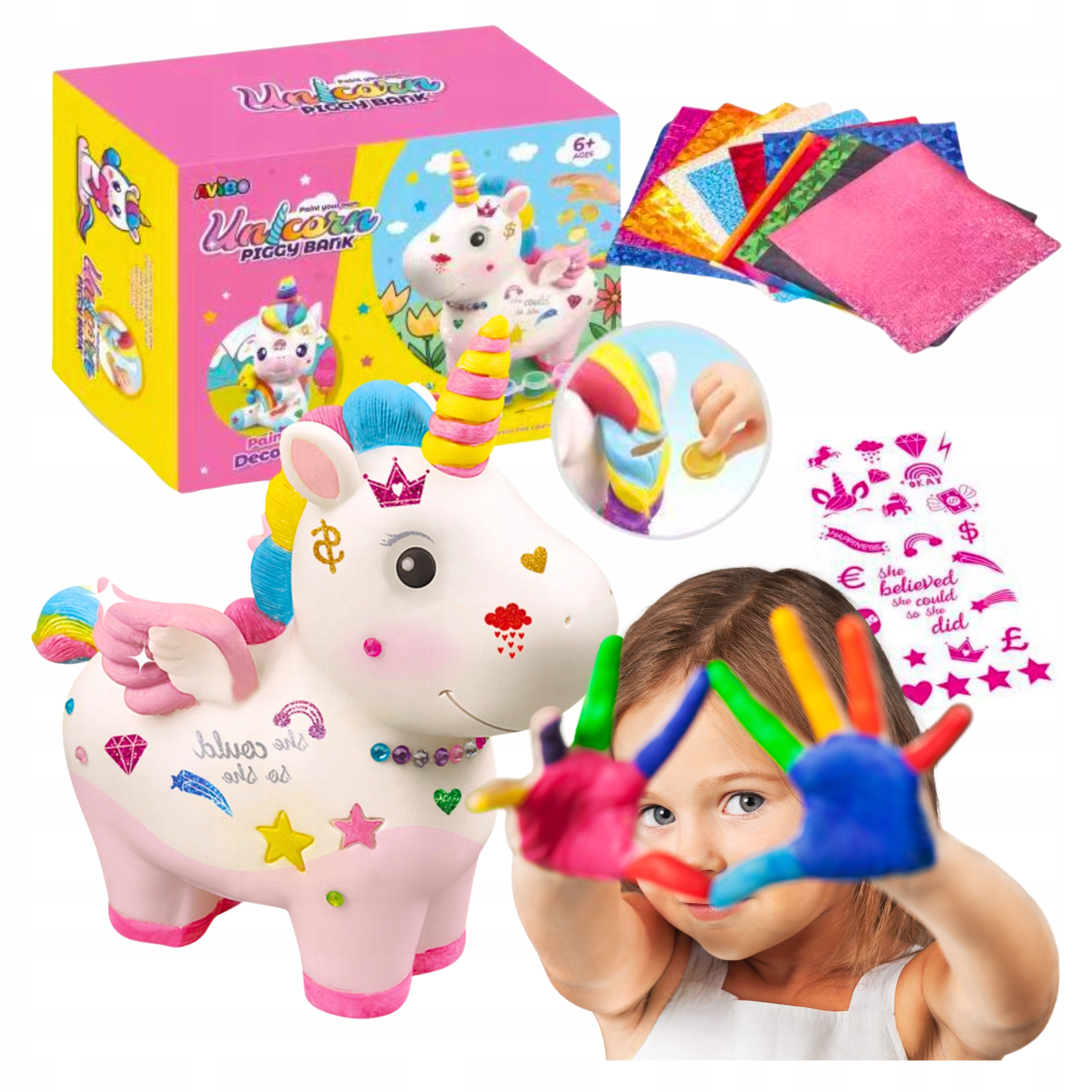Skarbonka dla Dzieci do MALOWANIA Jednorożec farby naklejki KOLORY PREZENT